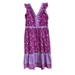 Loft Ruffled Tiered Boho Floral Pink Maxi Dress Size 14 Flutter Cap Sleeves